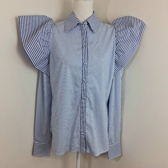 Neubyrne Tops - Neubyrne Women's Puff Sleeve Stripped Blue Blouse Size Large NWT